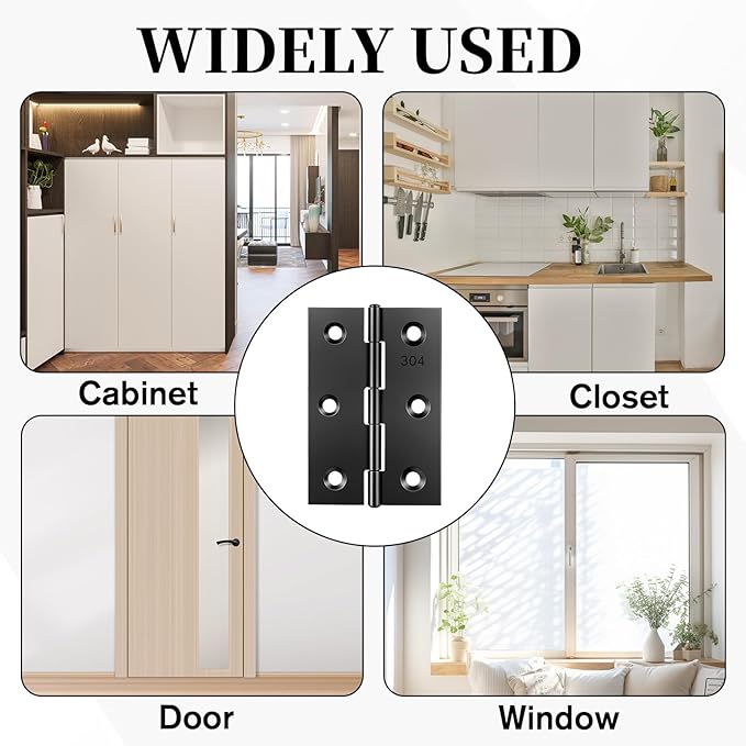 JJUNW 6 Pcs 3 Inch Black Door Hinges, Stainless Steel Folding Butt Hinge with 36 Screws, Cabinet Hinges Small Hinge Hardware for Door, Furnitures, Cabinet,Cupboard, Dressers