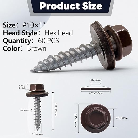 60 PCS #10×1" Metal Roofing Screws, Brown Painted Hex Head Sheet Roof Screws with EPDM Washer Self Starting Metal to Wood Siding for Corrugated Roofing