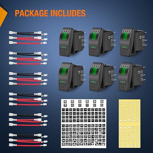 Nilight 6 Pack Rocker Switches with Night Glow Stickers 5 PIN SPST Rocker Switches with Green Backlit 12V/24V Toggle Switches for Cars Trucks RVs Boats Auto Motorcycles,2 Years Warranty
