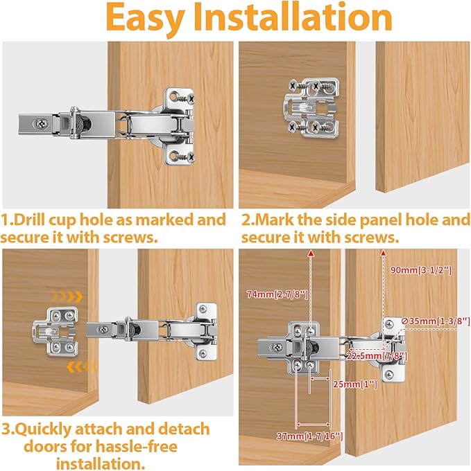 TamBee Corner Cabinet Hinge Bifold 165 Degree Lazy Susan Door Hinge 48mm Full Overlay Soft Close Hinges Concealed Hydraulic Hinges Adjustable Mounting Frameless 2 Pcs /1 Pair Full Overlay