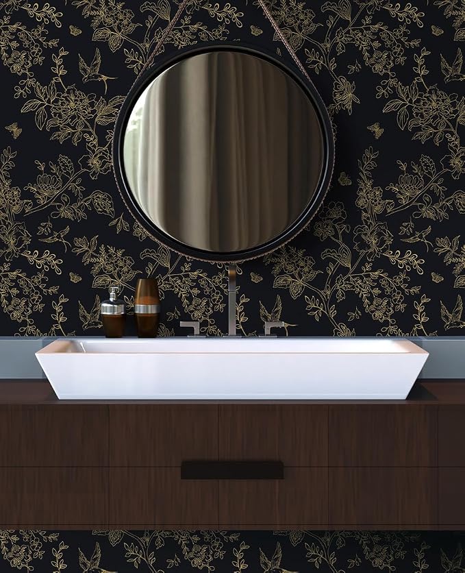 Froluya Black and Gold Wallpaper Peel and Stick Wallpaper 17.7"x118.1" Vintage Floral Boho Peel and Stick Wall Paper Dark Removable Self Adhesive Contact Paper for Bedroom Cabinets Shelf Liner Vinyl