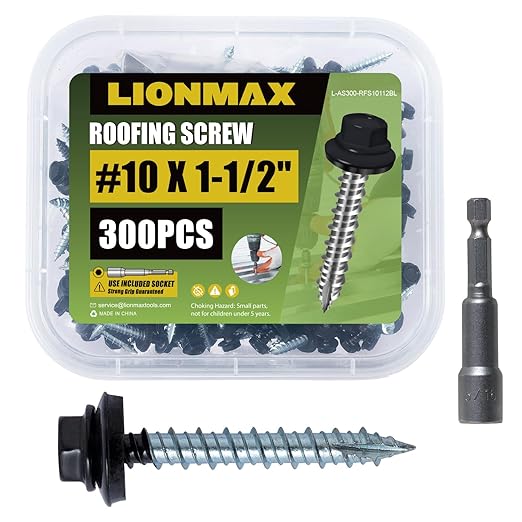 LIONMAX Metal Roofing Screws #10 × 1-1/2 Inch, 300-PCS, Black Painted Hex Head Sheet Metal Roof Screws, Rubber Washer, Sharp Point, Metal to Wood Siding Screws, Hex Socket Included