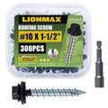 LIONMAX Metal Roofing Screws #10 × 1-1/2 Inch, 300-PCS, Black Painted Hex Head Sheet Metal Roof Screws, Rubber Washer, Sharp Point, Metal to Wood Siding Screws, Hex Socket Included