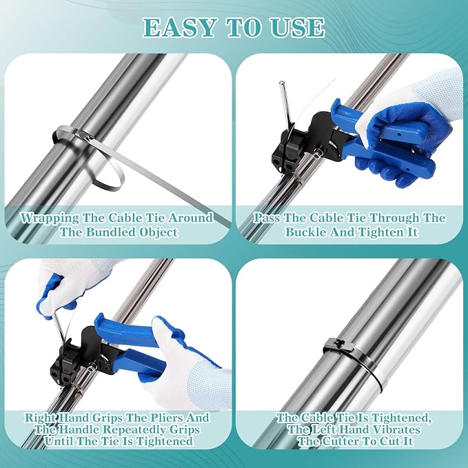 LEIFIDE Stainless Steel Cable Tie Gun Set 200 Pcs 11.8 Inch Heavy Duty Metal Zip Tie Adjustable Fastening Cutting Tool for Outdoor Exhaust Wrapping Fence Workshop(Silver, Blue)
