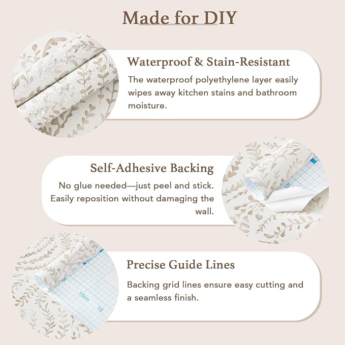 Heroad Peel and Stick Wallpaper Modern Boho Contact Paper Neutral Beige Wall Paper Removable Waterproof Self Stick Renter Friendly Wallpaper for Bedroom Living Room Bathroom Kitchen Vinyl 17.3”x197”