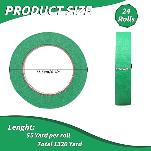 24 Rolls Green Painters Tape Bulk 1 inch x55Yards, Total1320 Yards, Painters Masking Tape No Residue Wall Painting Tape Artist Tape Trim Edge Finishing Tape for Wall Painting Decoration DIY Supplies