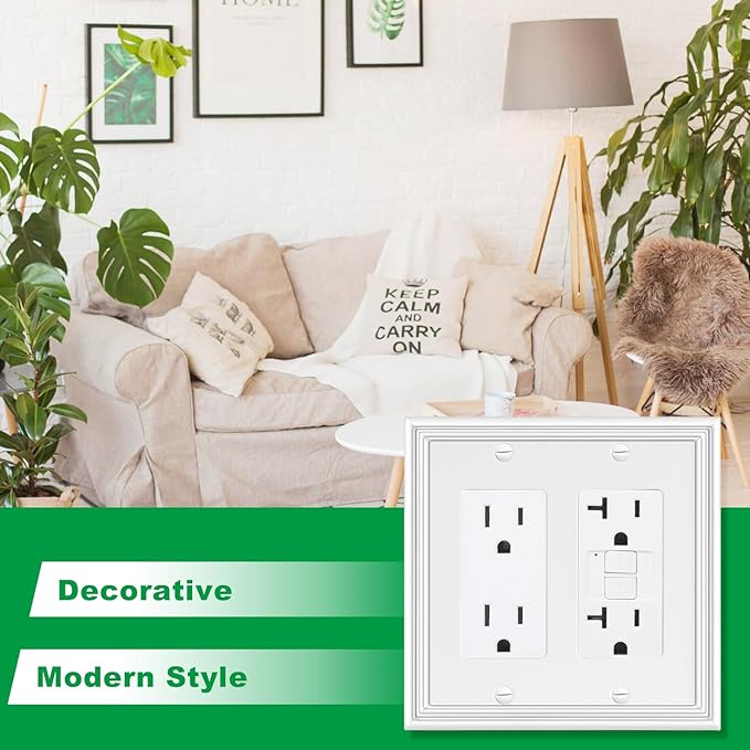 White Modern Decorative Wall Plate Light Switch Cover Decorator Outlet Covers Rocker Switch Plates Bamboo Fiber Material Wall Plates for Kitchen Bathroom (2 Gang Double Decorator-2 Pack)