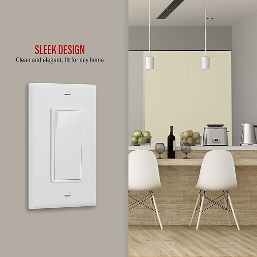 ENERLITES Decorator Paddle Rocker Light Switch, Gloss Finish, Single Pole, 3 Wire, Grounding Screw, Residential Grade, 15A 120V/277V, UL Listed, 91150-W, White