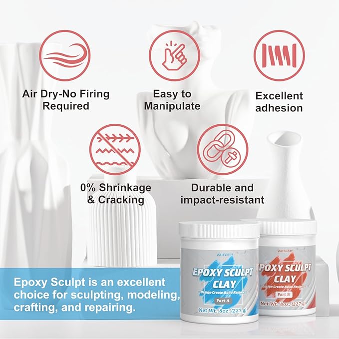 1 Pound Natural Epoxy Putty Sculpt Clay, 2 Part (A & B) Modeling Compound for Sculpting, Modeling, Building, Repairing, Self-Hardening Epoxy Clay Easily Repairs Metal, Wood, Tile, Ceramics, Plastic