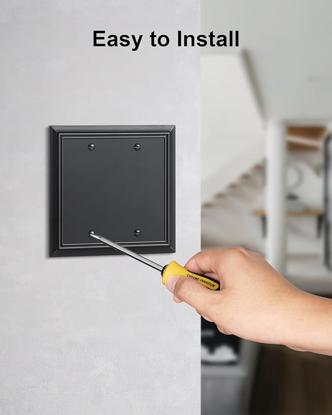 2-Pack Double Blank Wall Plate, Durable Natural Bamboo Fiber Wall Plate Cover,Black 1 Gang Wall Plate for Unused Outlets/Switches