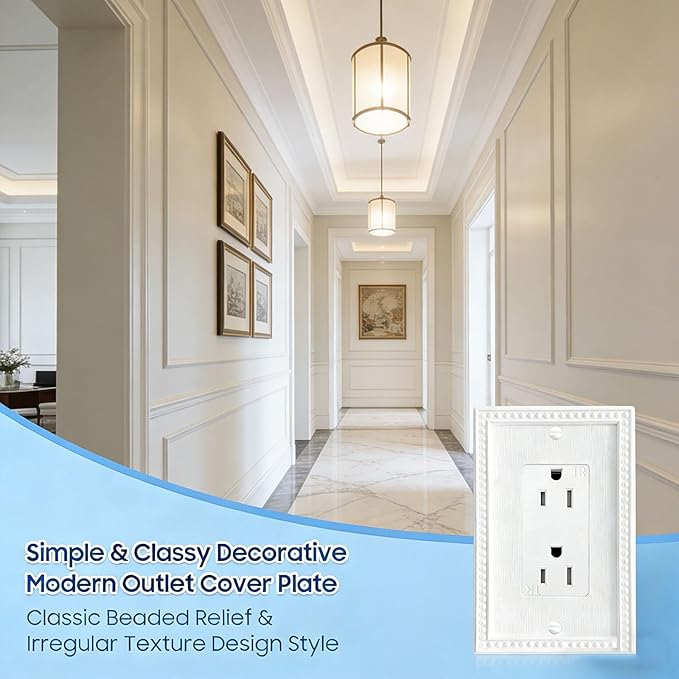 ZEFTV Mid-Size 20 Pack Decorator Wall Plates 1-Gang Switch Outlet Electrical Cover Plate Unbreakable Thermoplastic Faceplate for Light Receptacle Outlet Switch, Classic Beaded Relief Design, White