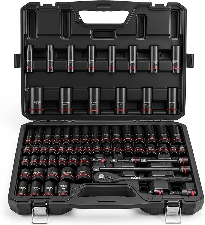 1/2" Drive Impact Socket Set 69 Piece, 3/8" to 1-1/4" and 10-24mm | SAE and Metric, 6 Point, CR-V Alloy Steel, Easy-to-Read Size Markings, Extension Bars, with Storage Case, for Auto Repair