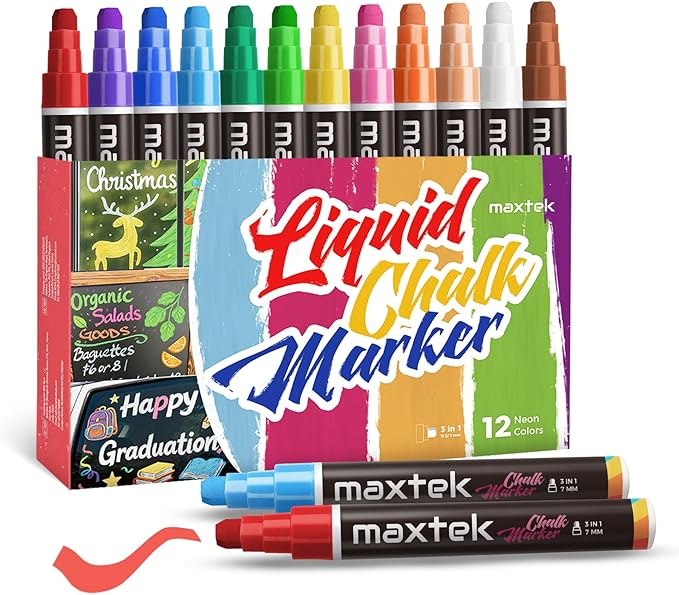 Jumbo Liquid Chalk Markers for Car Window, 12 Colors, Washable, 3 in 1 Nib for Glass, Mirror, Chalkboard, Blackboard, Signs