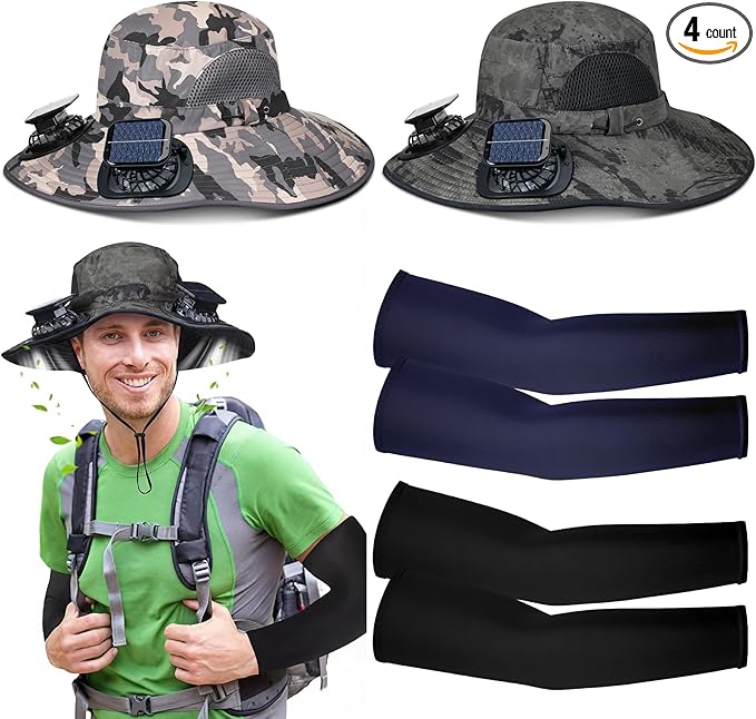 Glitopper 2 Set Wide Brim Solar Fan Hats with 2 Solar Fan and Arm Sleeves Set Outdoor Fishing Bucket Hat for Men Women Hiking