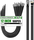 Metal Zip Ties 100 Pack 12 Inch, 304 Stainless Steel 300LBS Heavy Duty Zip Ties Black - Self-Locking Cable Ties for Exhaust Wrap，Chain Link Fence Parts, Outdoor Farms,Pipes