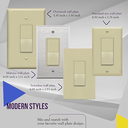 ENERLITES Decorator On/Off Paddle Switch with Wall Plates, Single Pole, 3 Wire, Grounding Screw, Residential Grade, 15A 120V/277V, UL Listed, 91150-IWP-10PCS, Ivory (10 Pack)