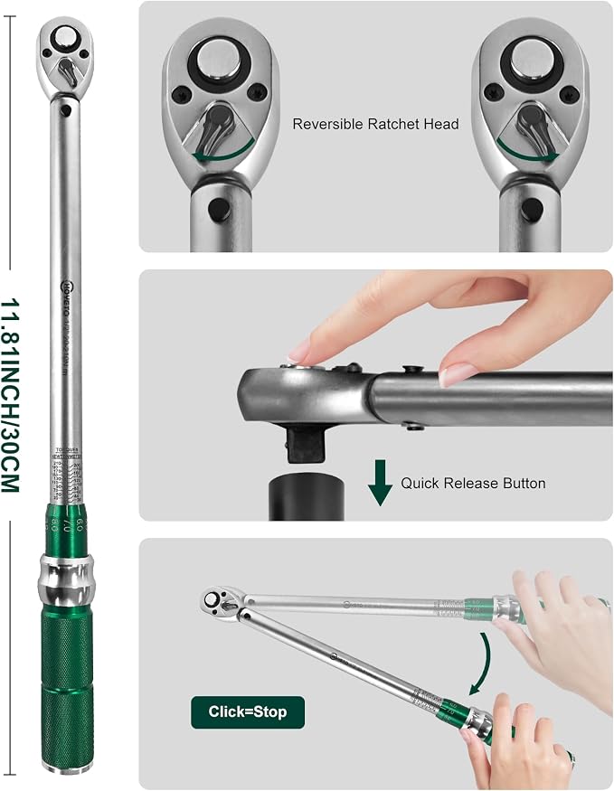 1/2" Drive 1Pc Click Torque Wrench Set, 14.75-154.8 ft.lb / 20-210 Nm