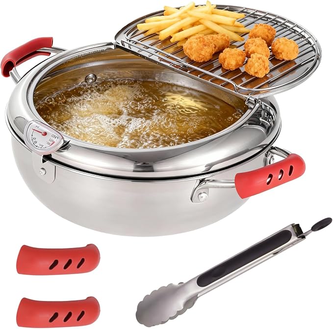 Deep Fryer Pot with Tongs, Stainless Steel Japanese Fryer with Temperature Control and Oil Drip Drainer Rack, Japanese Tempura Pot Set for French Fries Chicken Japanese Tempura (9.8 Inch)
