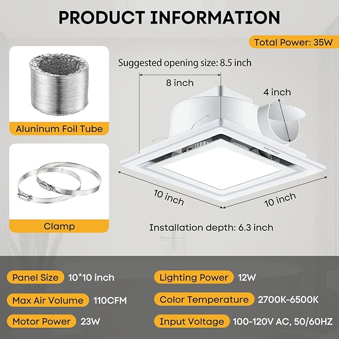 Bathroom Exhaust Fan with Light 10" Ultra Quiet 1.0 Sones,1000LM, 5CCT, Exhaust Fan Mounting Opening 8"x8" in 110CFM Bathroom Fan with Light Ceiling Mount for Home, Bath, Office
