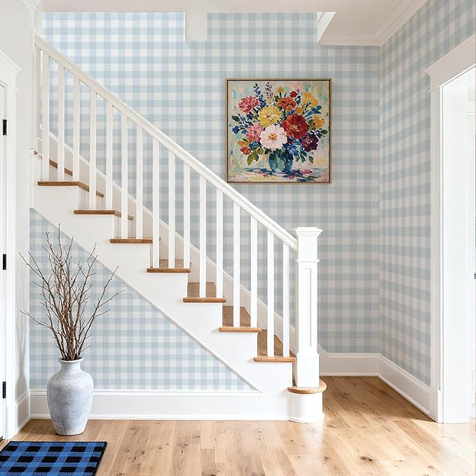 Plaid Wallpaper Peel and Stick, Blue, 17.7"x78.7" | Self Adhesive, Vinyl, Removable, Boho Contact Paper, Checkered Wall Paper for Bedroom, Living Room, Bathroom