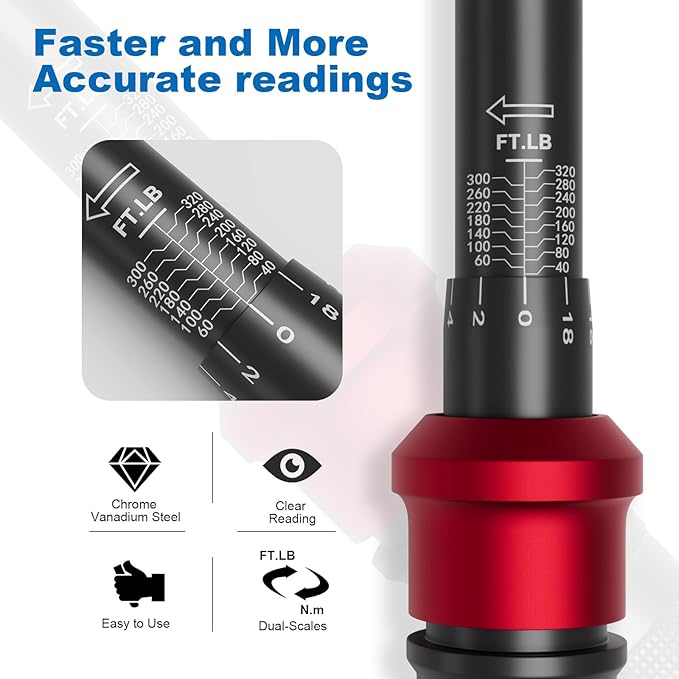 Torque Wrench 1/2-Inch Drive, 40-320Ft.Lb, for Motorcycle & Auto | 4.2-433.6Nm, 72-T Dual-Direction, ±3% Accuracy, Click Alert, for Car Lug Nuts, Engine, Suspension, Moto & Machinery Bolt