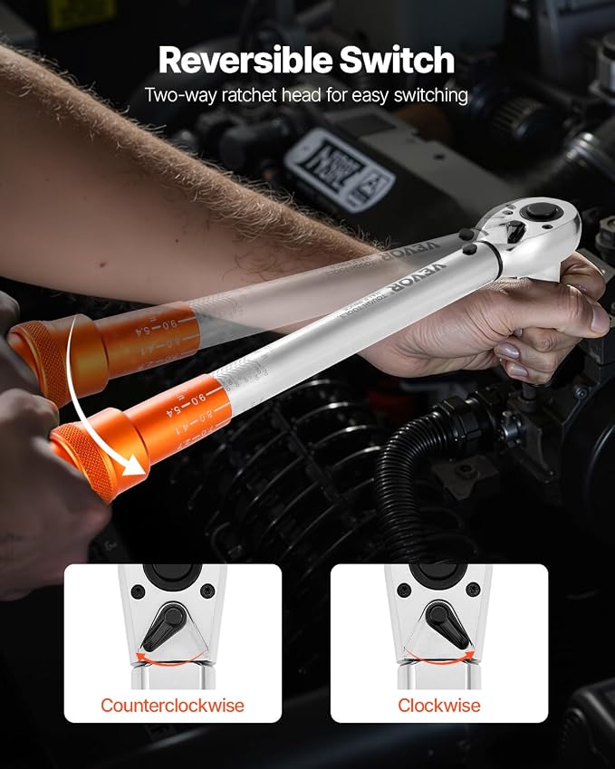 VEVOR 1/4 3/8 1/2 Inch Drive Torque Wrench, 3Pcs Click Torque Wrench Set 20-240IN-LB, 5-45FT-LB, 10-170FT-LB, Dual-Direction Adjustable 72 Tooth for Bicycle, Moto and Car Maintenance