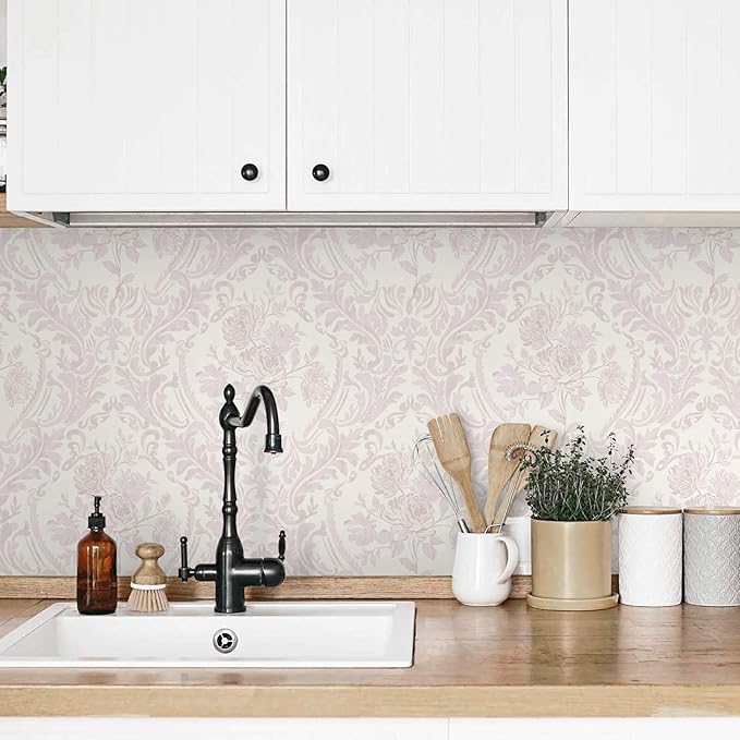 Ismoon Peel and Stick Wallpaper Vintage Floral Contact Paper Boho Watercolor Pink Damask Wallpaper Textured Removable Self Adhesive Vinyl Wall Paper for Bedroom, 17.3inx49ft