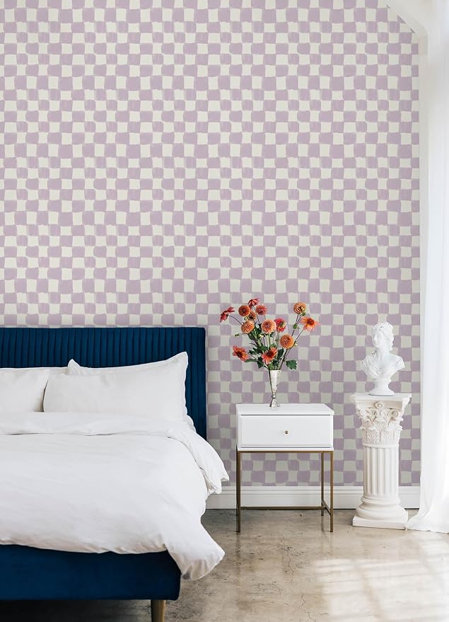 Mr. Kate Tess Watercolor Soft Lavender Checker Peel and Stick Wallpaper, Vinyl, 20.5-in x 18-ft