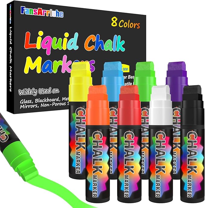 FansArriche Liquid Chalk Markers, 15mm Jumbo Car Window Markers, 8 Pack Erasable Neon Chalk Pens for Chalkboard, Blackboard, Glass, Signs, 3-in-1 Nib