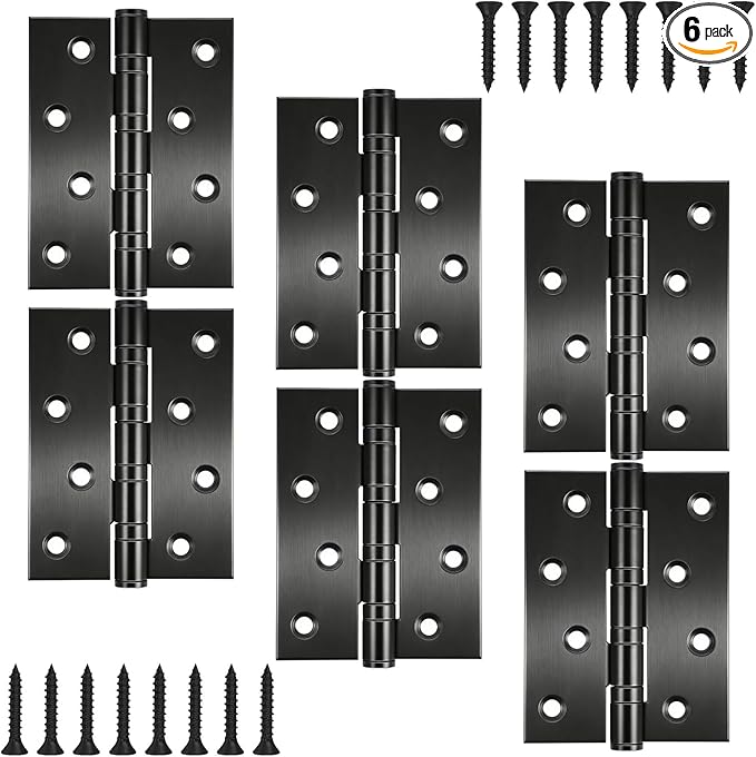6 Packs of Square 4x3-inch Black Stainless Steel 3MM Thickened Door Hinges, Bearing Door Hinges, Window Hinges, Indoor and Outdoor Hinges with Screws