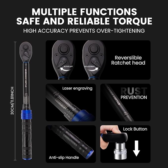 3/8-Inch Drive Click Torque Wrench, 5–50 Ft-Lb (6.8–67.8 Nm) ±3% Accuracy, Loud Click, Dual Scale, 72-Tooth Mini Torque Wrench for Bike, Motorcycle, Car & Spark Plug Maintenance