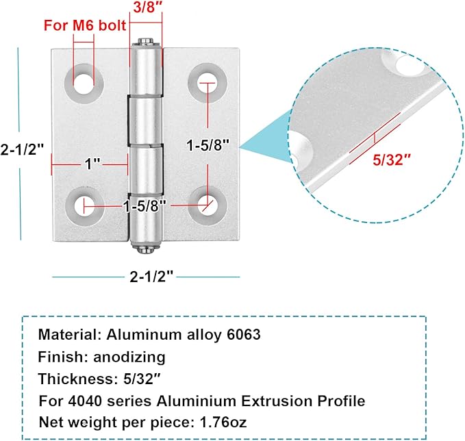6 Pack 2-1/2" Aluminum Alloy Door Hinges for 4040 Series Profile, Adjustable Butt Hinges