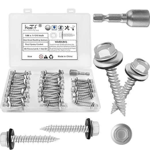 Metal Roofing Screws #14 × 1-1/4 Inch, 49-PCS, Hex Head Rustpert Coating Sheet Metal to Wood Siding Screw with EPDM Rubber Washer, Sharp Point, Hex Socket Included