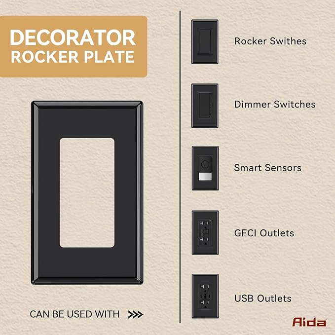 AIDA 1-Gang Screwless Light Switch Cover Plate, Standard Decorative Outlet Covers - Glossy Black, 10-Pack Unbreakable Polycarbonate Wall Plates for Decorator Device, UL Listed, 4.5" H x 2.75" L
