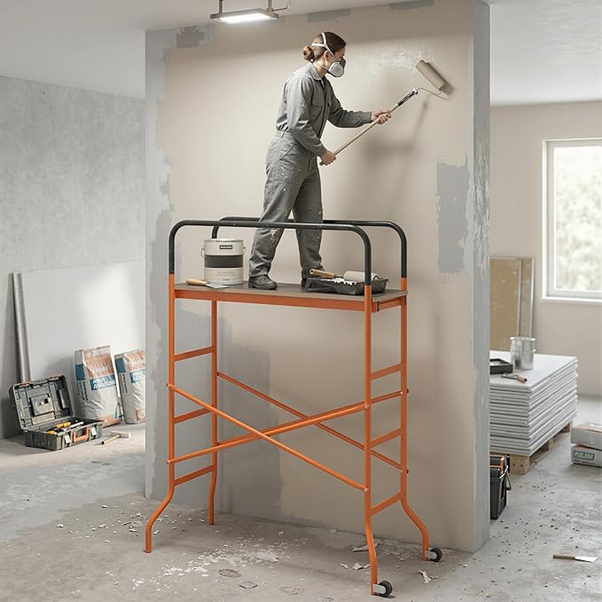 HOMCOM 4-Step Steel 4.6 x 2 x 6 ft. Scaffold 2 Wheels Free Moving for Indoor & Outdoor Decoration Anti-Skid, 440 Pound Capacity, Orange