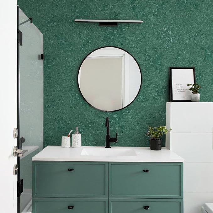 Dark Green Wallpaper Silk Embossed Texture Contact Paper 118in17.7in | Emerald Green Floral Wallpaper,Thicken Self Adhesive Removable,Used for Cabinet Kitchen Bedroom Bathroom Waterproof WallDecor