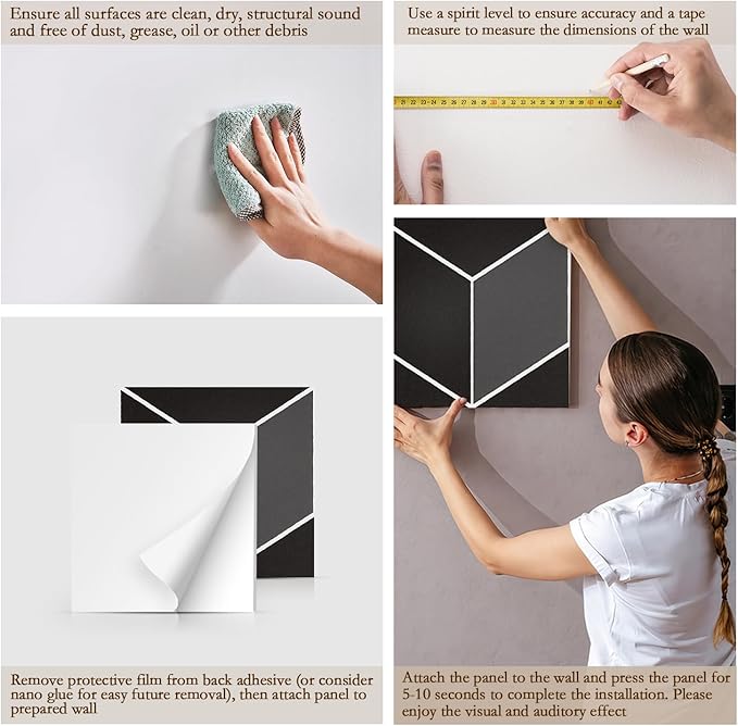 12Pack Acoustic Panels, Self-Adhesive Sound Proof Panels for Walls, Decorative 3D Textured Printing Sound Dampening Panels Sound Absorption Tiles for Studio, Office, Home, 12×12×0.4", Black