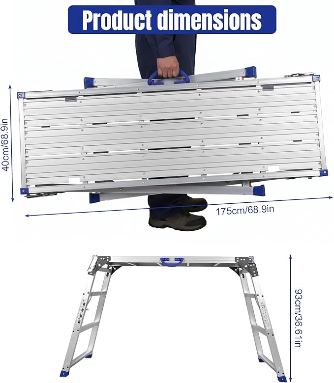 Heavy-Duty Adjustable Work Platform 330lbs Capacity - Ultra-Wide Portable Folding Aluminum Scaffolding Platform with Non-Slip Surface, Multi-Position Ladder for Construction & Maintenance