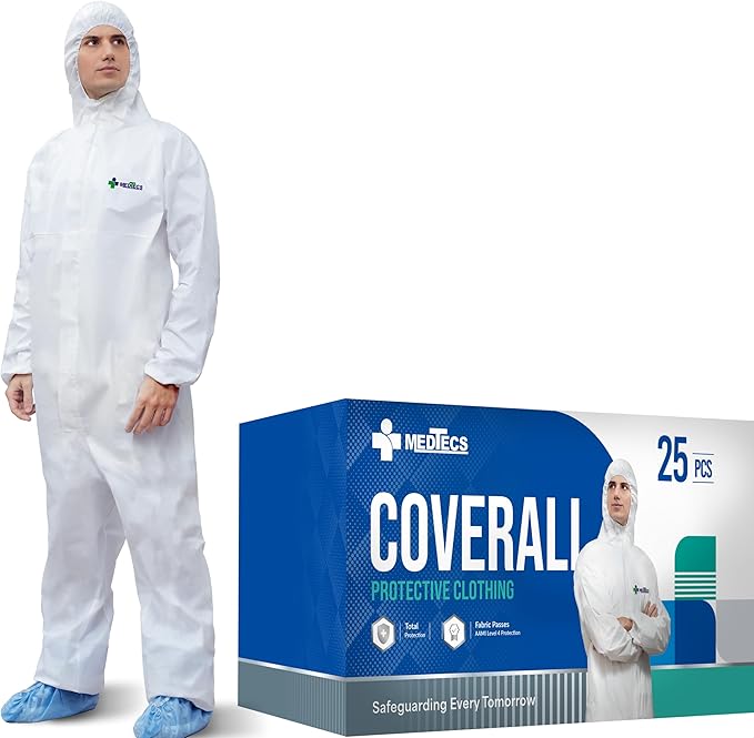 Medtecs Hazmat Suits - 6 Sizes Options - Disposable Coveralls Suit, Medical Protective Coverall PPE Hazmat Suits