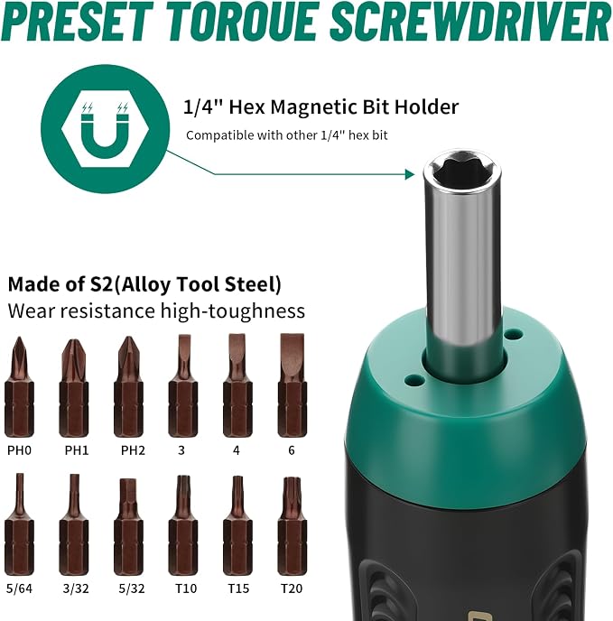 GRENPRO Scope Torque Wrench 15 Pcs Torque Screwdriver Set, 10-70 Inch Pound Torque Wrench, 1/4" Drive for Bicycle Repair, Gunsmithing, & Maintenance, Includes 12 S2 Steel Bits & 2 Tire Levers