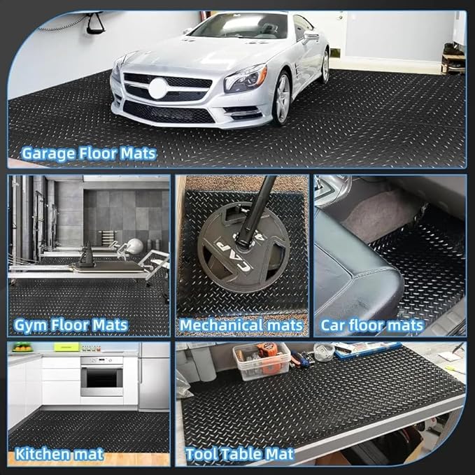 3mm Diamond-Plate Rubber Flooring Roll - Easy to Cut Waterproof Anti-Slip Mat, Heavy Duty Floor Protection for Garage, Gym, Stable, Basement, Kennel, 4' x 10'