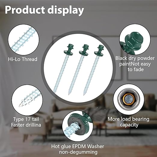 Metal Roofing Screws 10 x 2-1/2 inch, Green Hex Head Sheet Metal Roof Screw with EPDM Washer for Corrugated Roofing (250Pcs)