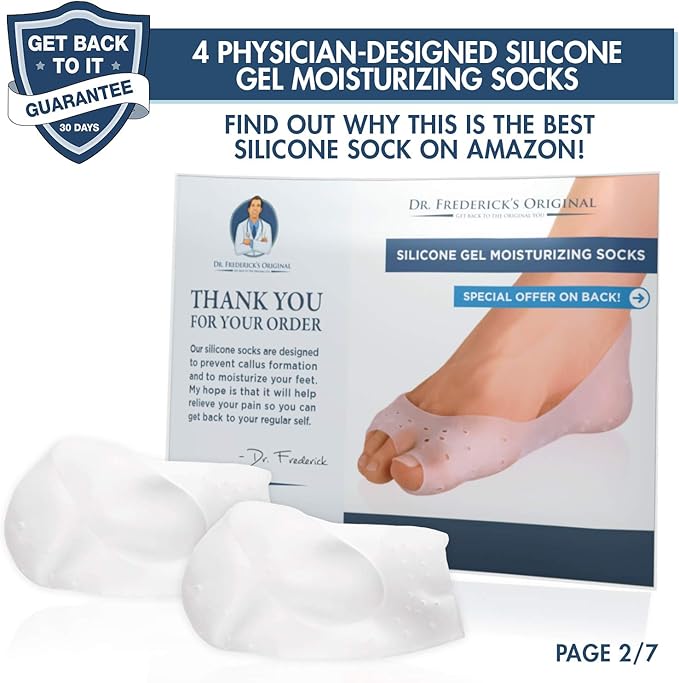 Dr. Frederick's Original Moisturizing Gel Socks - 2 Pairs - Silicone-Feel Socks for Dry Cracked Feet Women & Men - Foot Moisturizing Socks for Cracked Heel Treatment - Day & Night Spa Socks