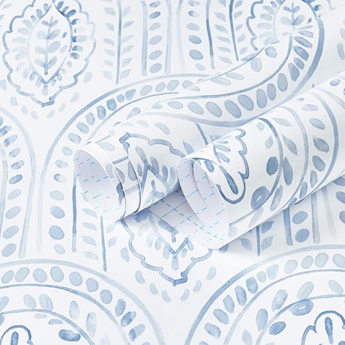 EeeComing Blue Peel and Stick Wallpaper Boho Wall Paper Peel and Stick Modern Contact Paper Self Adhesive Wallpaper for Bedroom and Bathroom Removable Cabinet Shelf Liner Vinyl 17.3”X393”