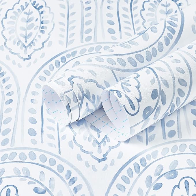 EeeComing Blue Peel and Stick Wallpaper Boho Wall Paper Peel and Stick Modern Contact Paper Self Adhesive Wallpaper for Bedroom and Bathroom Wallpaper Removable Cabinet Shelf Liner Vinyl 17.3”X197”