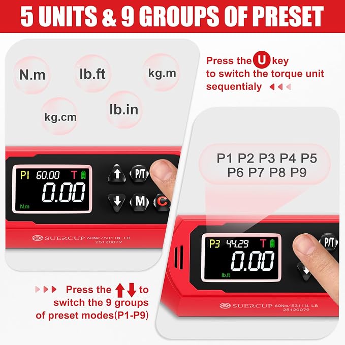 9x12 mm Adjustable Digital Torque Wrench, 0.66-44.29Ft.Lb/0.9-60N.m | Interchangeable Open End Head 42mm Jaw & 3/8" Ratchet, Vibration/Buzzer/LED Alert, for Split AC, HVAC, Bike & Moto Repair