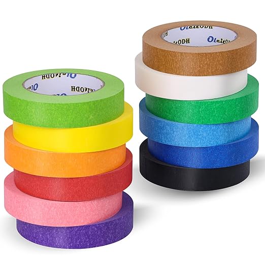 Oleitodh 12 Rolls Colored Masking Tape-1 inch x 660 Yards Painters Tape, Rainbow Colors Rolls Bulk Colorful Paper Marking Tape Decorative Arts Crafts Labeling DIY Home Office Supplies