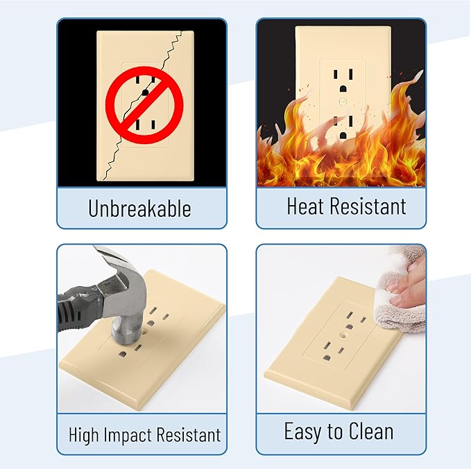 Bates- 1-Gang Duplex Wall Plate, 3.18"x 4.98", 10 Pack, Ivory, Unbreakable Electrical Outlet Cover Plates, Heat & Impact Resistant, Easy-to-Clean, Duplex Receptacle Cover for Home & Office