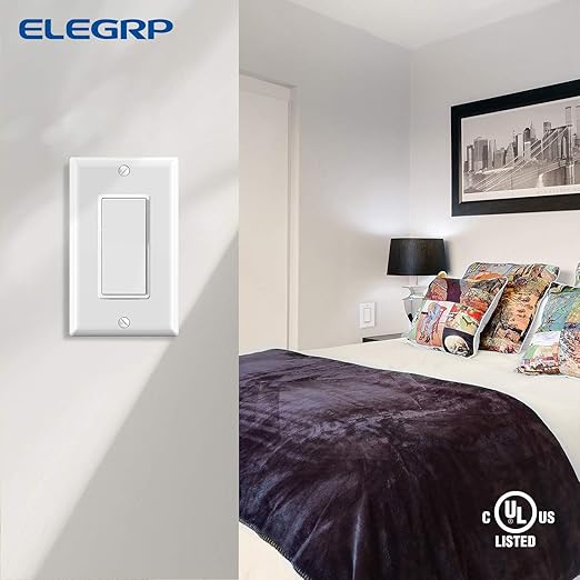 ELEGRP 3 Way Decorative Light Switch, 15Amp, 120-277 Volt, AC Decorator Rocker Paddle Wall Switch Replacement, Self-Grounding, Residential and Commercial Grade, UL Listed (10 Pack, Glossy White)
