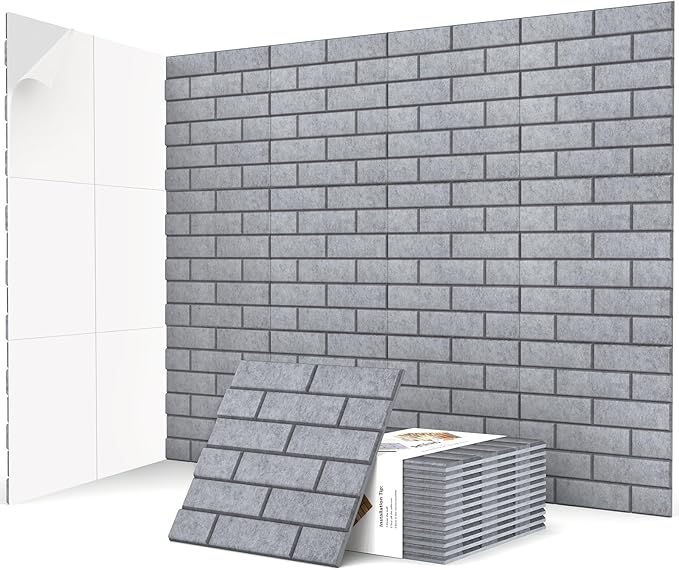 12Pack Acoustic Wall Panels, 12"×12"×0.4" Self-Adhesive 3D Brick Pattern Sound Proof Panels for Walls, High Density Decorative Acoustic Foam Sound Proofing for Recording Studios, Home, Grey